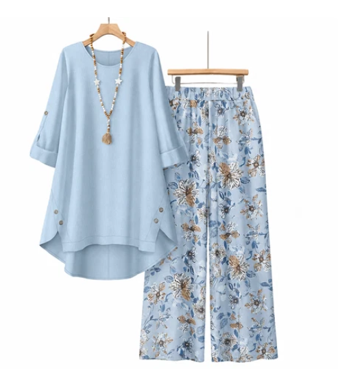 Women's Cotton LinenHalf Sleeve Top & PantsSet - Breathable &lightweight
